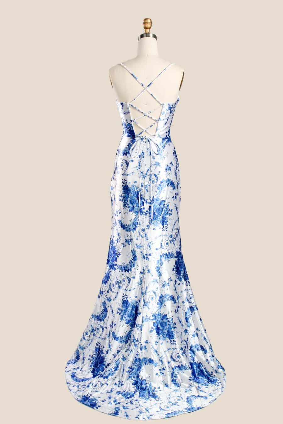 Blue Floral Cowl Neck Ruched Memaid Fitted Dress