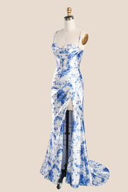 Blue Floral Cowl Neck Ruched Memaid Fitted Dress