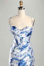 Blue Floral Cowl Neck Ruched Memaid Fitted Dress