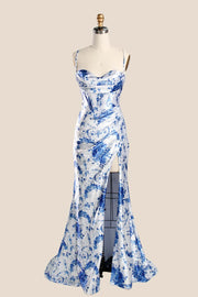 Blue Floral Cowl Neck Ruched Memaid Fitted Dress