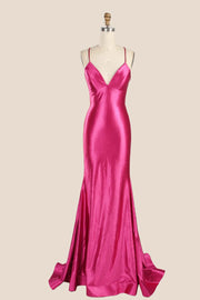 Straps Fuchsia Satin Memaid Long Formal Dress
