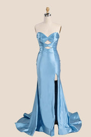 Light Blue Double Keyholes Satin Mermaid Prom Dress