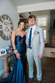 Light Blue Double Keyholes Satin Mermaid Prom Dress