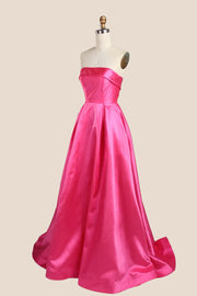 Hot Pink Folded Neck Satin A-line Gown