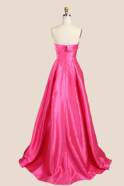 Hot Pink Folded Neck Satin A-line Gown