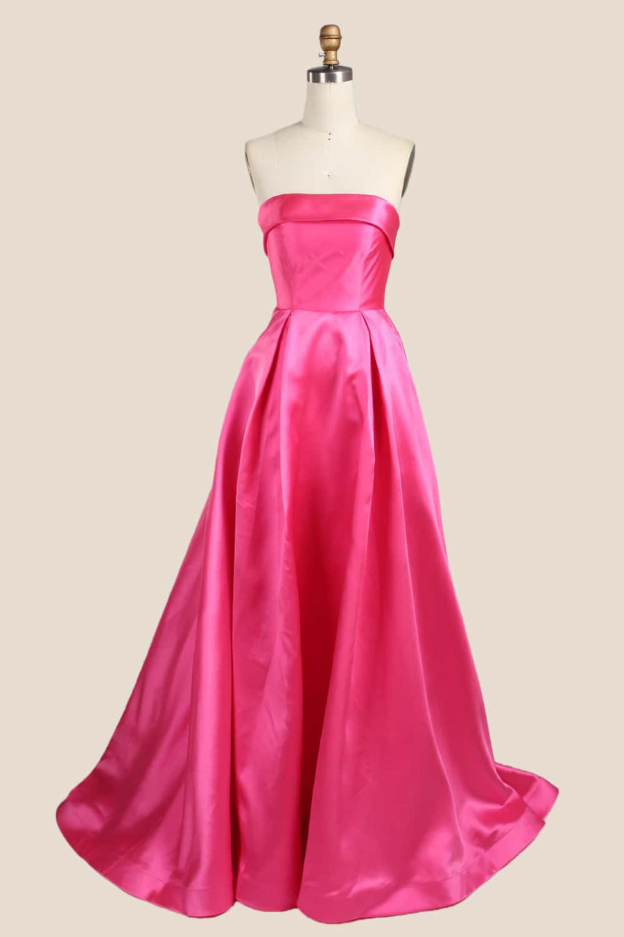 Hot Pink Folded Neck Satin A-line Gown