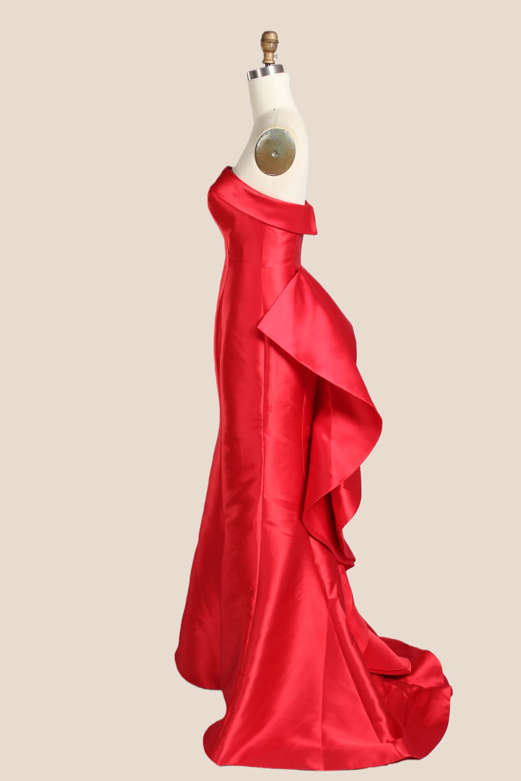 Red Folded Neck Satin Mermaid Dress with Ruffle Train