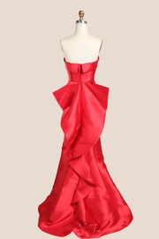 Red Folded Neck Satin Mermaid Dress with Ruffle Train