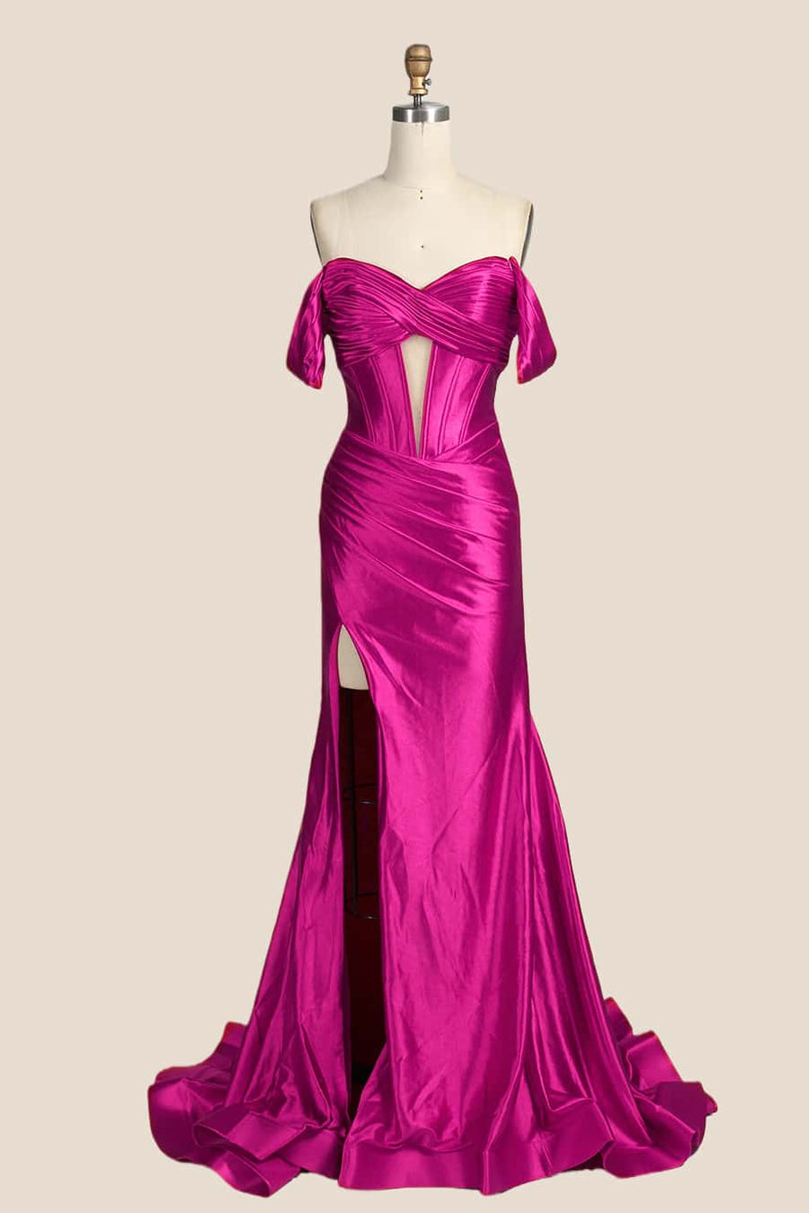 Ruched Red Satin Off the Shoulder Mermaid Prom Dress