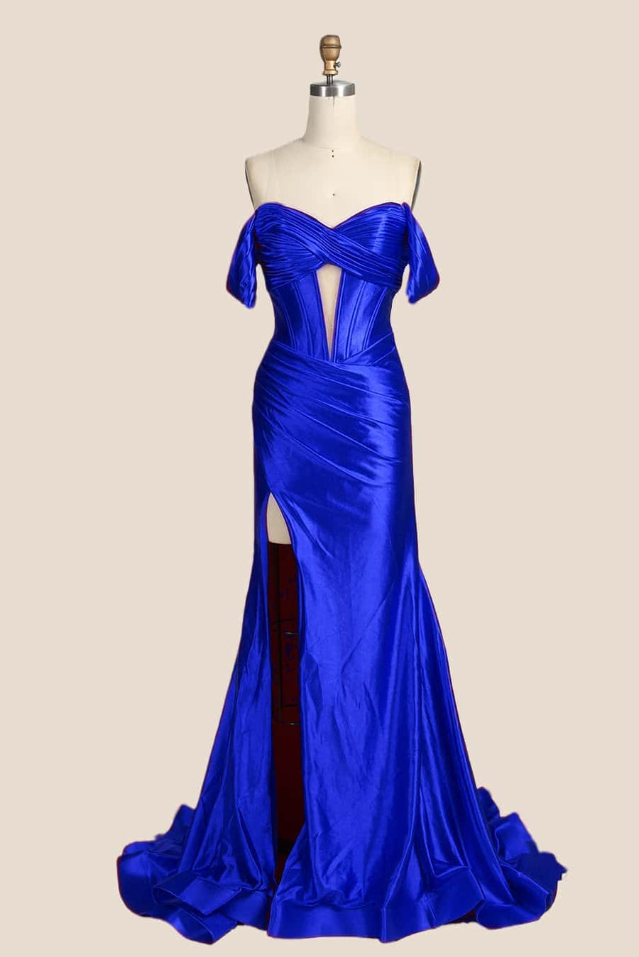 Ruched Red Satin Off the Shoulder Mermaid Prom Dress