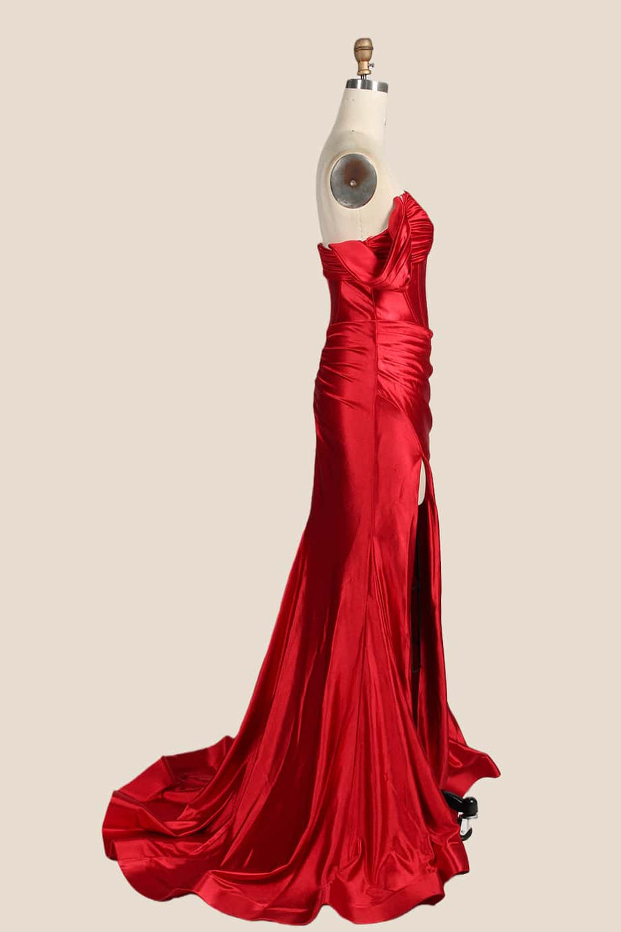 Ruched Red Satin Off the Shoulder Mermaid Prom Dress