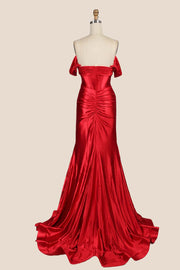 Ruched Red Satin Off the Shoulder Mermaid Prom Dress