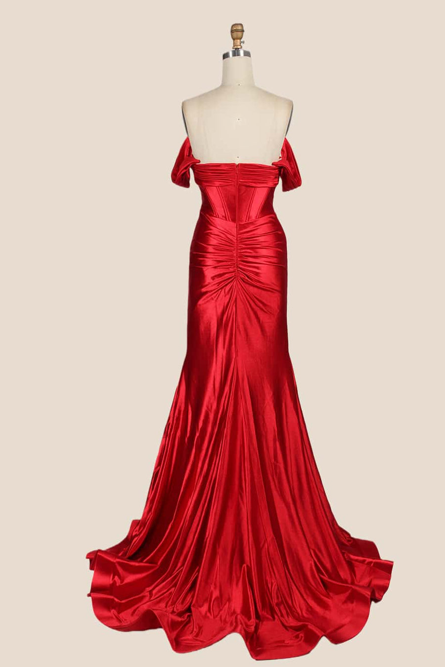 Ruched Red Satin Off the Shoulder Mermaid Prom Dress