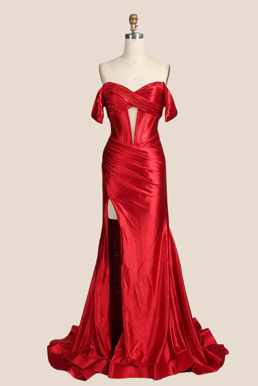Ruched Red Satin Off the Shoulder Mermaid Prom Dress