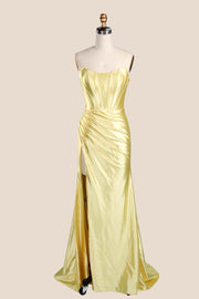 Sage Green Satin Ruched Strapless Long Formal Dress