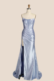 Sage Green Satin Ruched Strapless Long Formal Dress