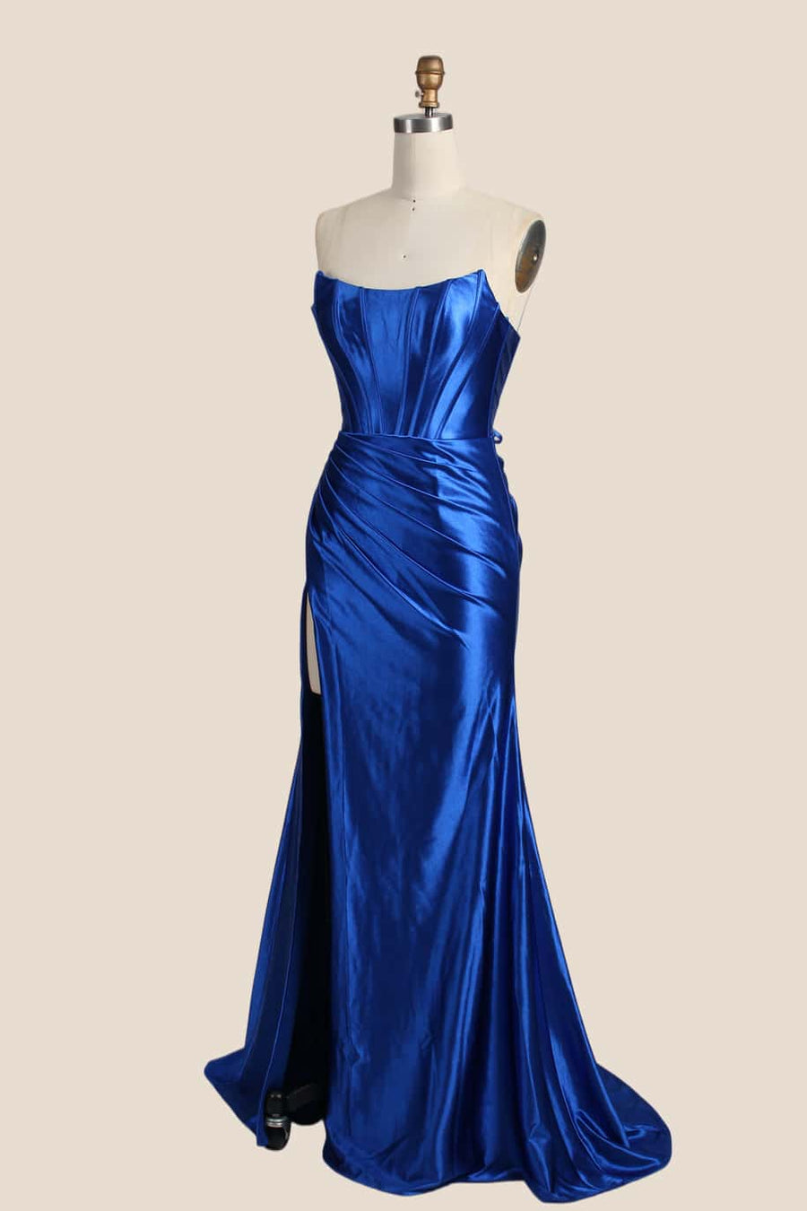 Sage Green Satin Ruched Strapless Long Formal Dress
