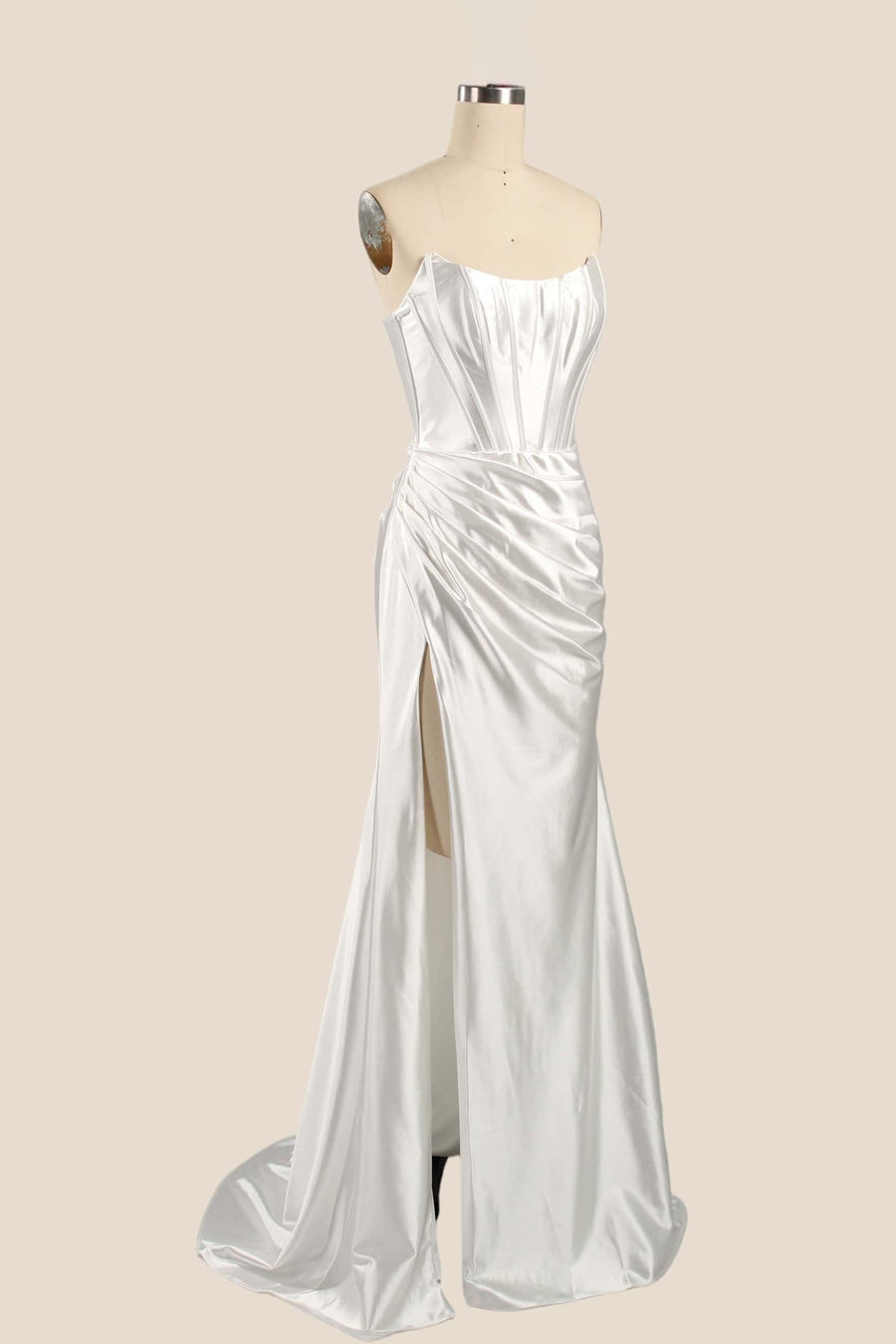 Sage Green Satin Ruched Strapless Long Formal Dress