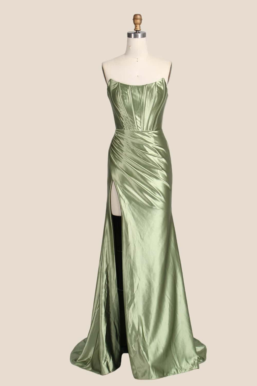 Sage Green Satin Ruched Strapless Long Formal Dress