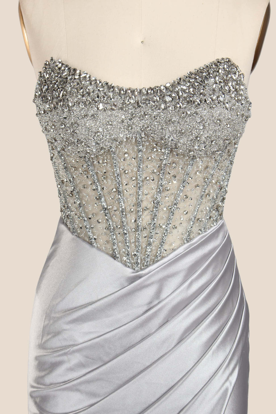 Rhinestones Silver Satin Ruched Fitted Long Formal Dress