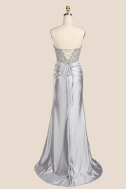 Rhinestones Silver Satin Ruched Fitted Long Formal Dress