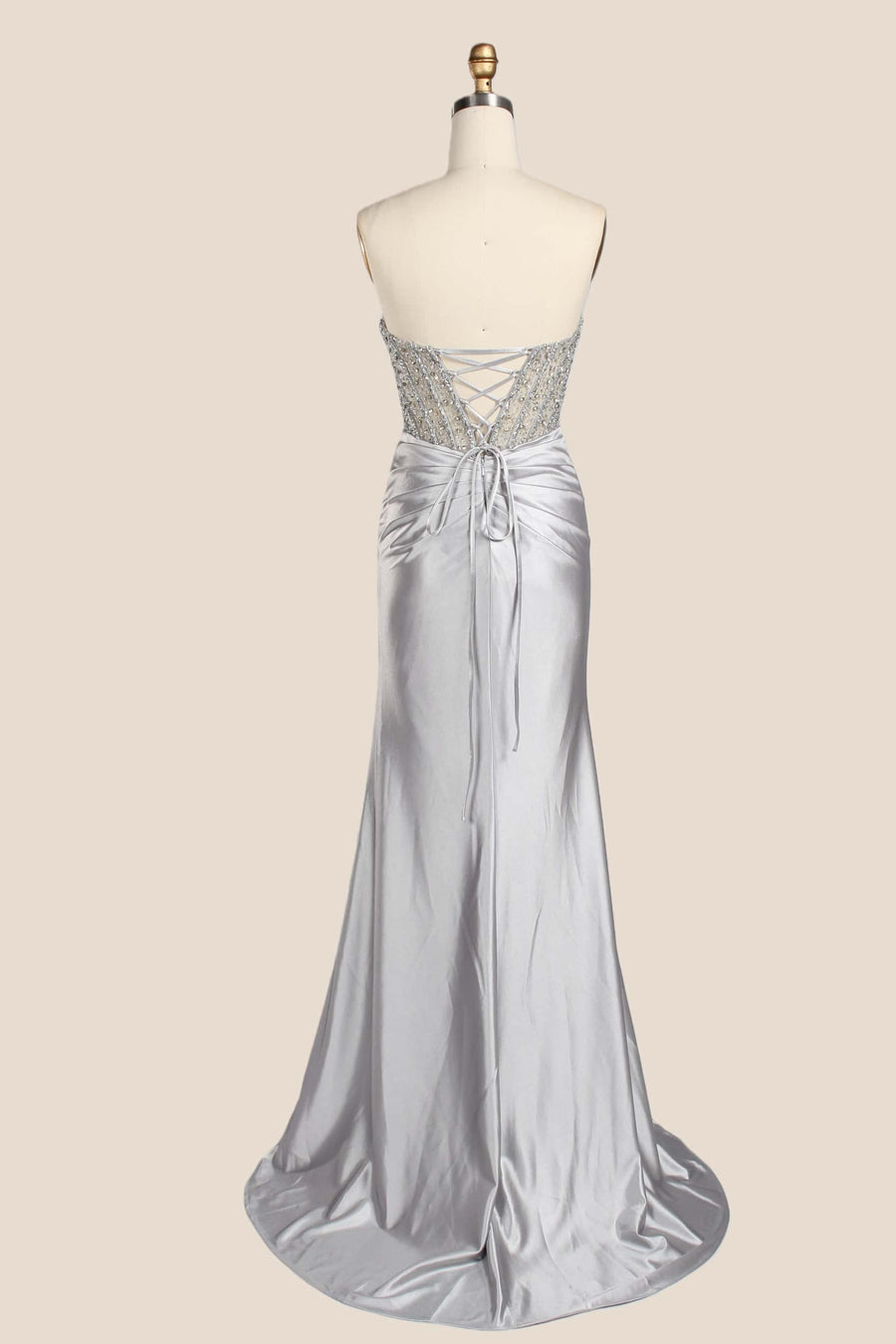 Rhinestones Silver Satin Ruched Fitted Long Formal Dress