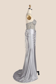 Rhinestones Silver Satin Ruched Fitted Long Formal Dress