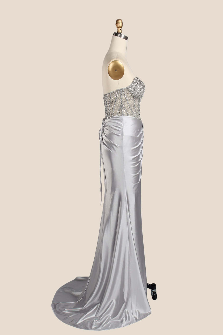 Rhinestones Silver Satin Ruched Fitted Long Formal Dress