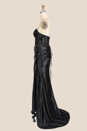 Rhinestones Pink Satin Ruched Slit Long Dress