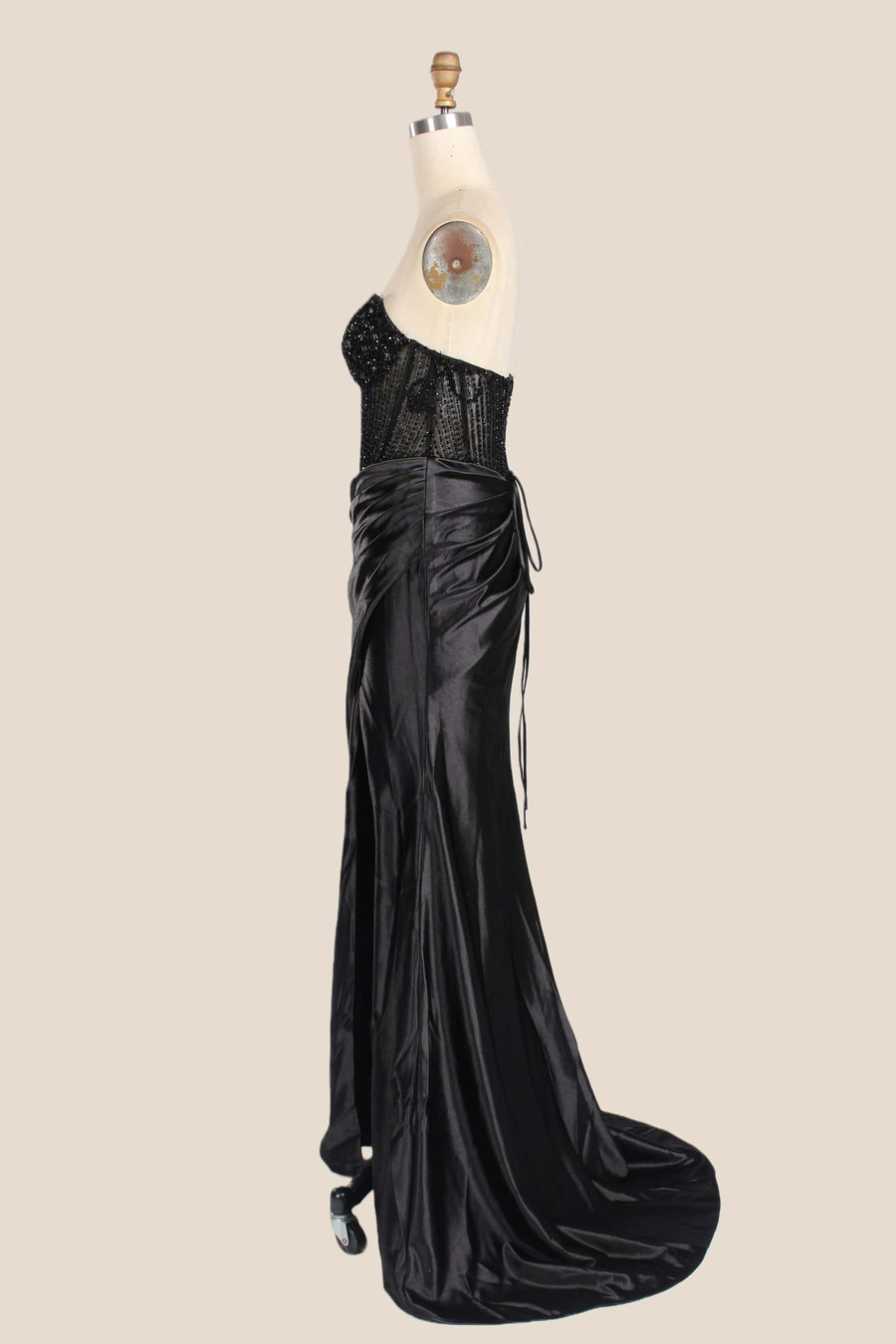 Rhinestones Pink Satin Ruched Slit Long Dress