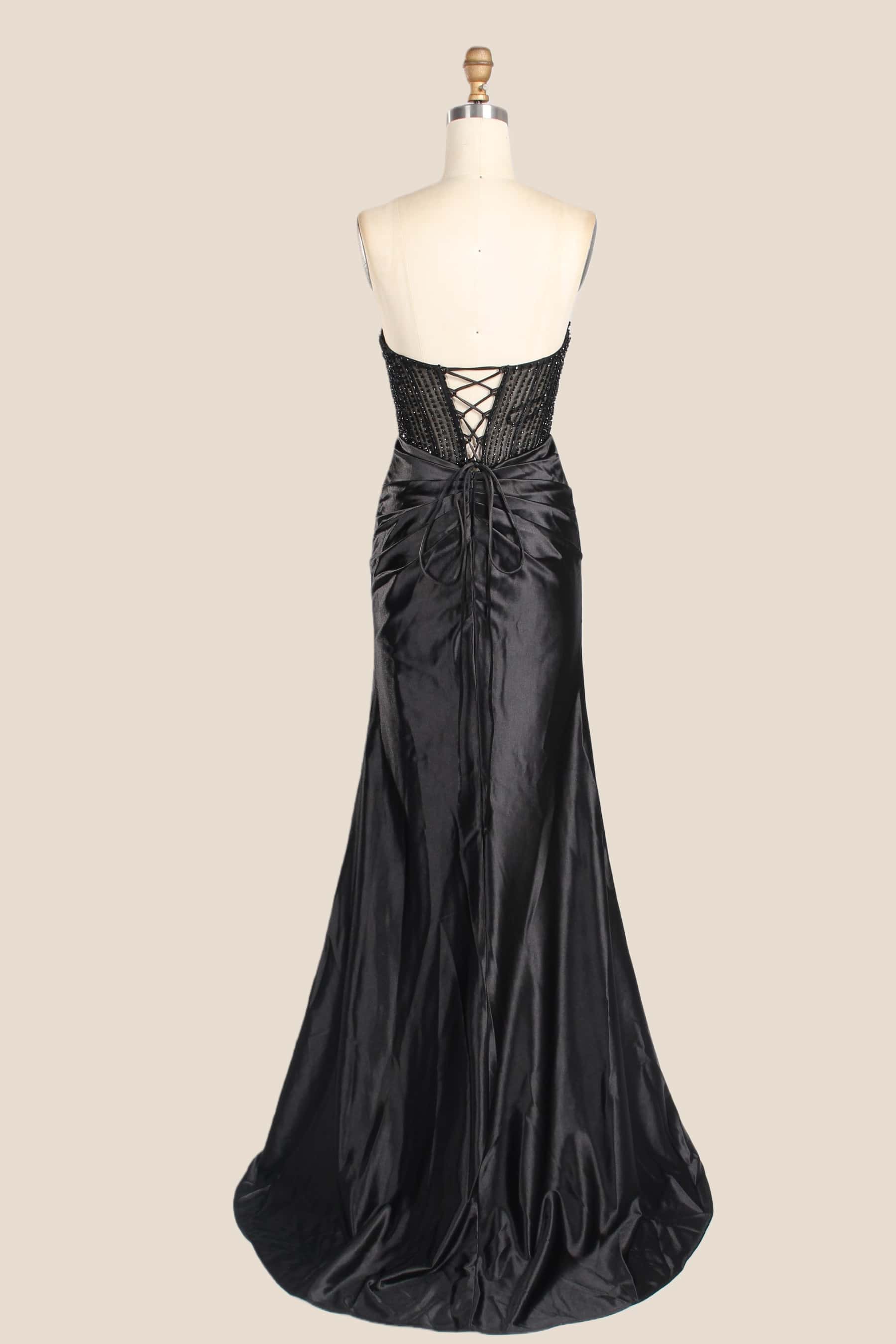 Rhinestones Black Satin Ruched Slit Long Dress