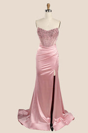 Rhinestones Pink Satin Ruched Slit Long Dress