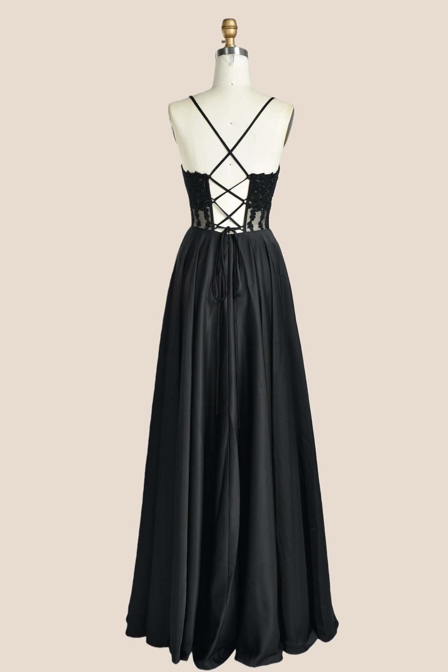 Black Appliques Satin A-line Long Formal Dress