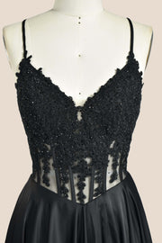 Black Appliques Satin A-line Long Formal Dress