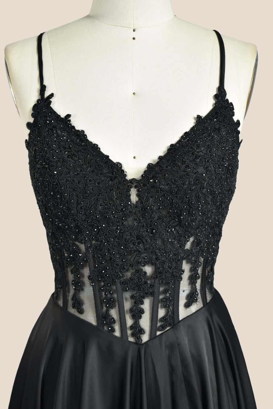 Black Appliques Satin A-line Long Formal Dress