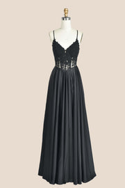 Black Appliques Satin A-line Long Formal Dress