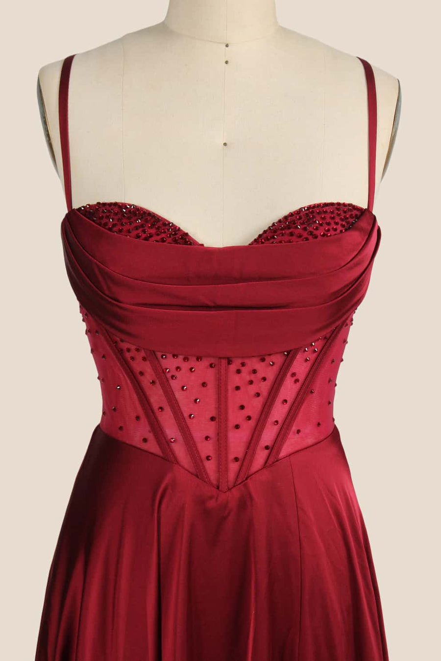 Wine Red Beaded Corset A-line Prom Dress