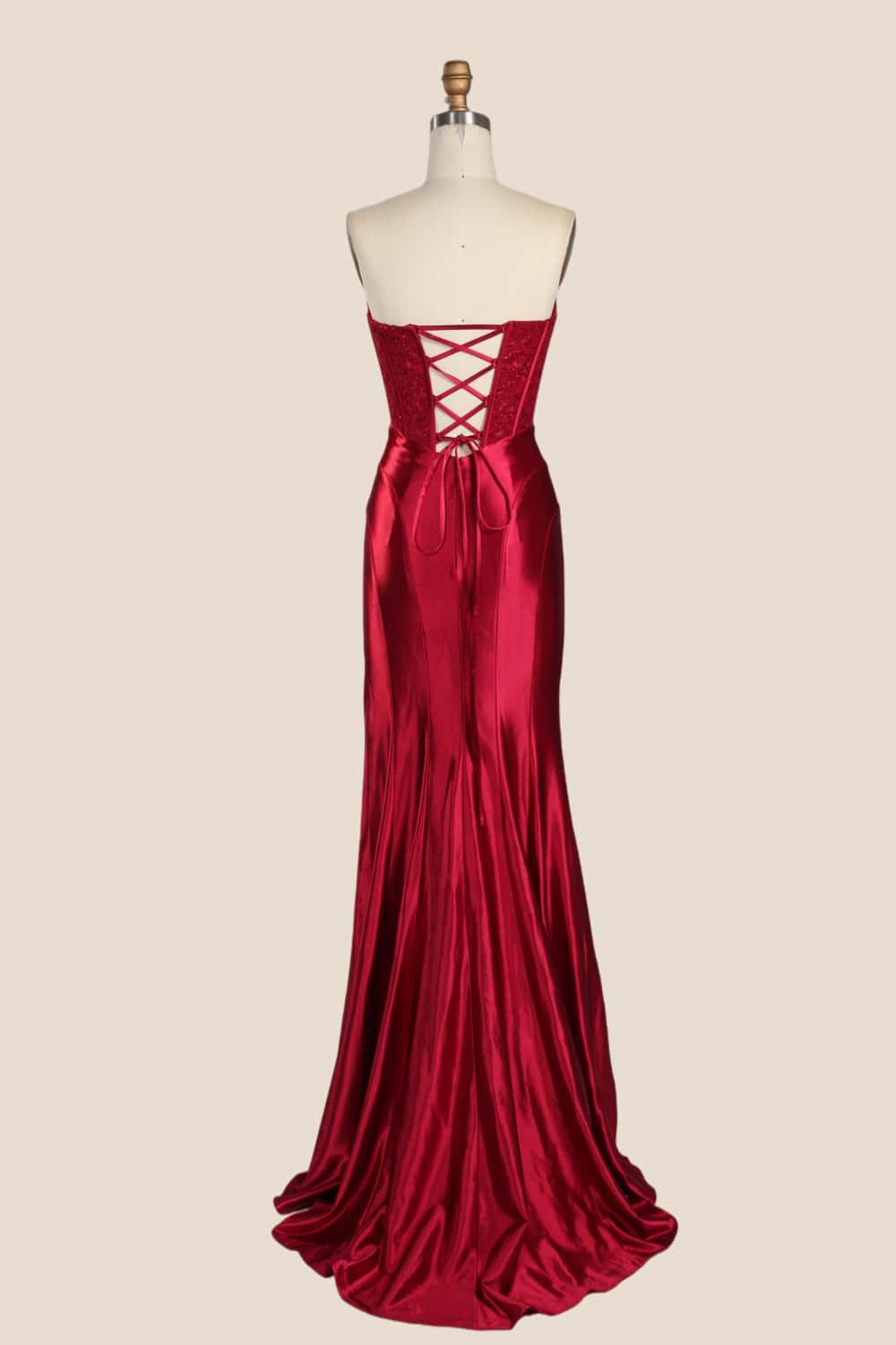 Red Appliques Strapless Satin Long Formal Dress