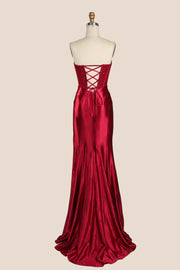 Red Appliques Strapless Satin Long Formal Dress