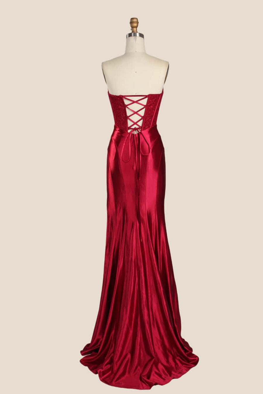 Red Appliques Strapless Satin Long Formal Dress