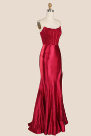 Red Appliques Strapless Satin Long Formal Dress