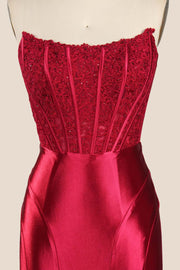 Red Appliques Strapless Satin Long Formal Dress