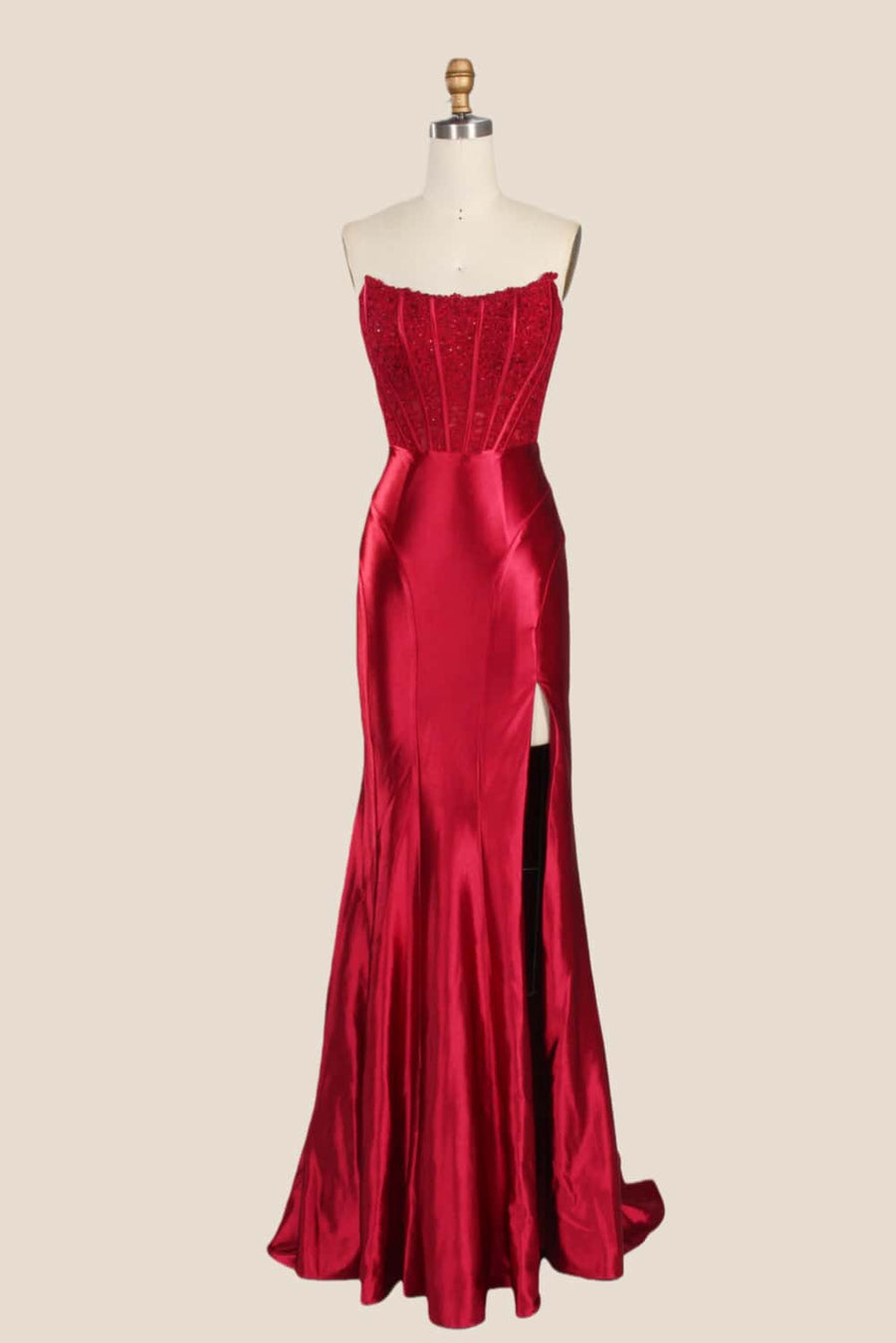 Red Appliques Strapless Satin Long Formal Dress