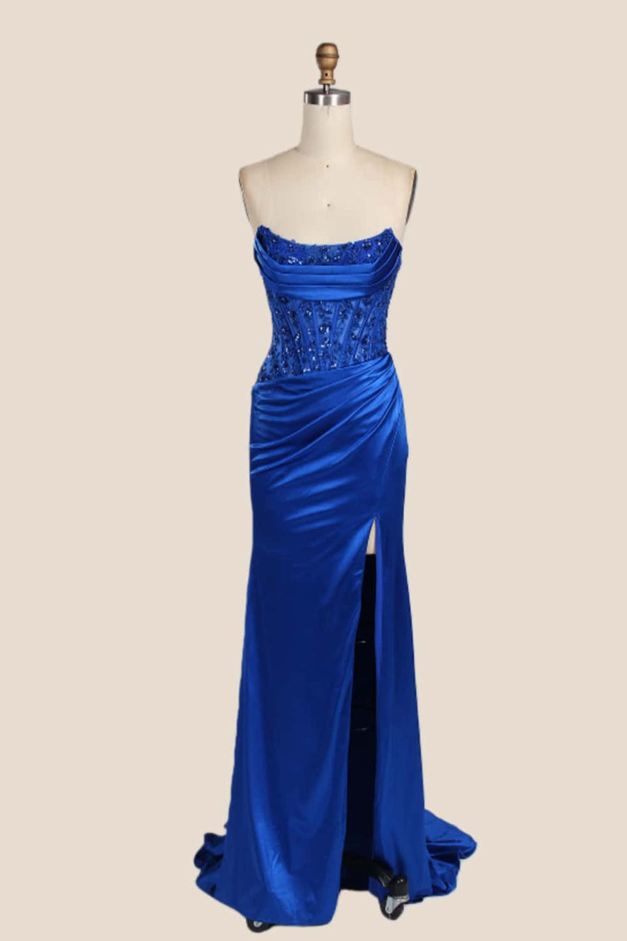 Strapless Dark Green Appliques Ruched Long Formal Dress