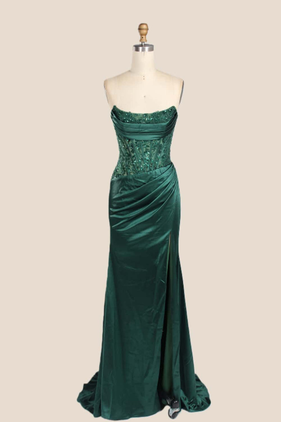 Strapless Dark Green Appliques Ruched Long Formal Dress