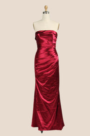 Strapless Wine Red Satin Ruched Fitted Dress