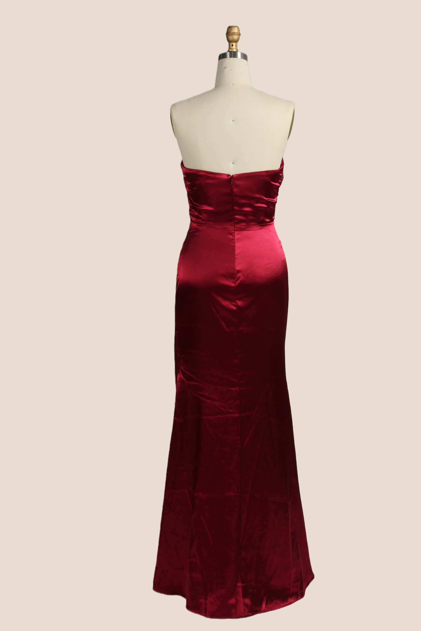 Strapless Wine Red Satin Ruched Fitted Dress