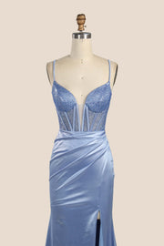 Straps Beaded Blue Ruched Satin Fitted Prom Dress