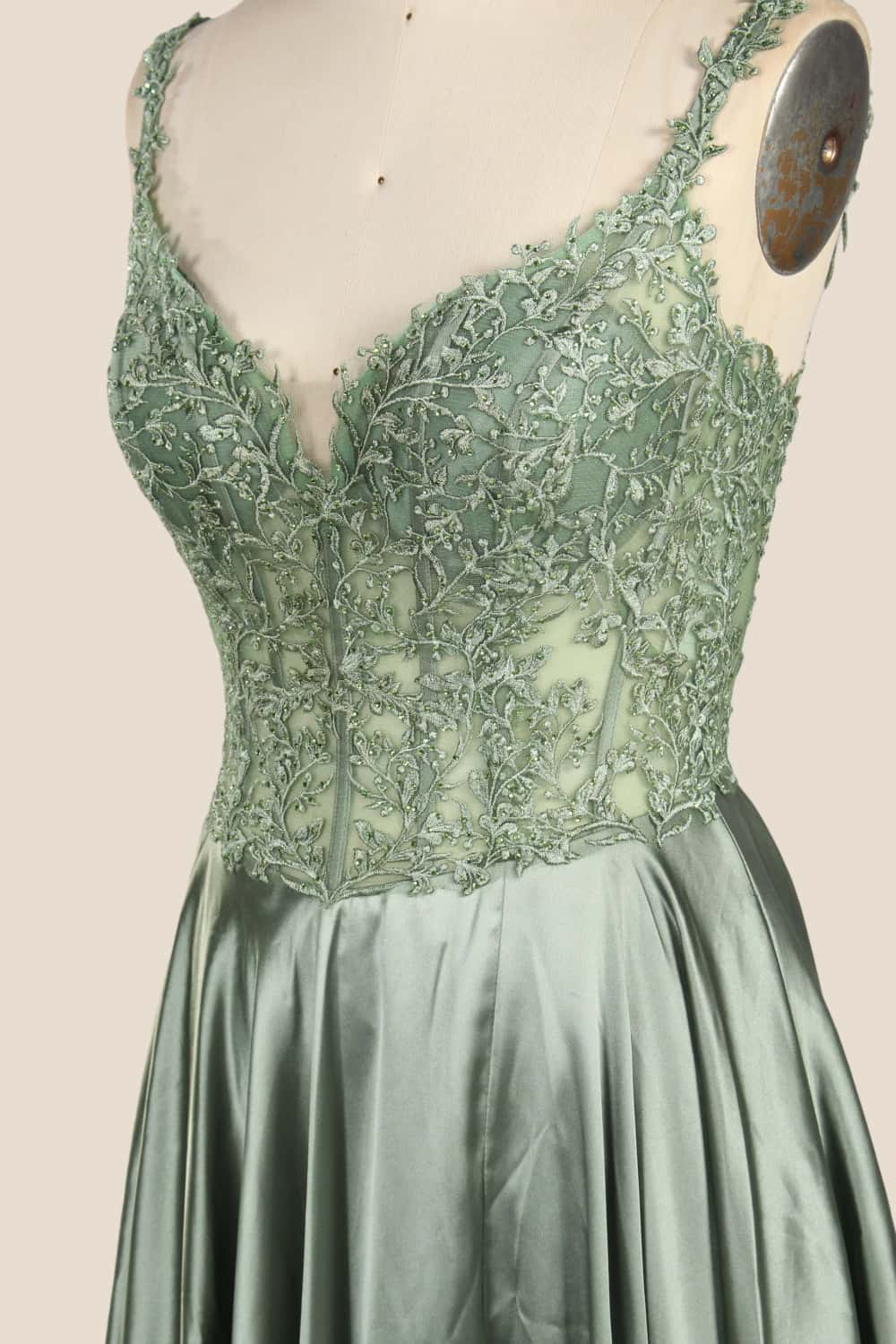 Sage Green Appliques Satin A-line Prom Gown