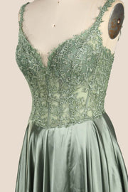 Sage Green Appliques Satin A-line Prom Gown